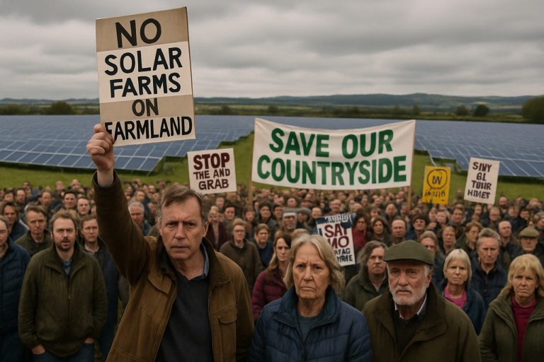 Súťaž solárnych fariem sa vyhrocuje na vidieku v UK: Tisíce protestujú proti kontroverznému chytiť pôdu